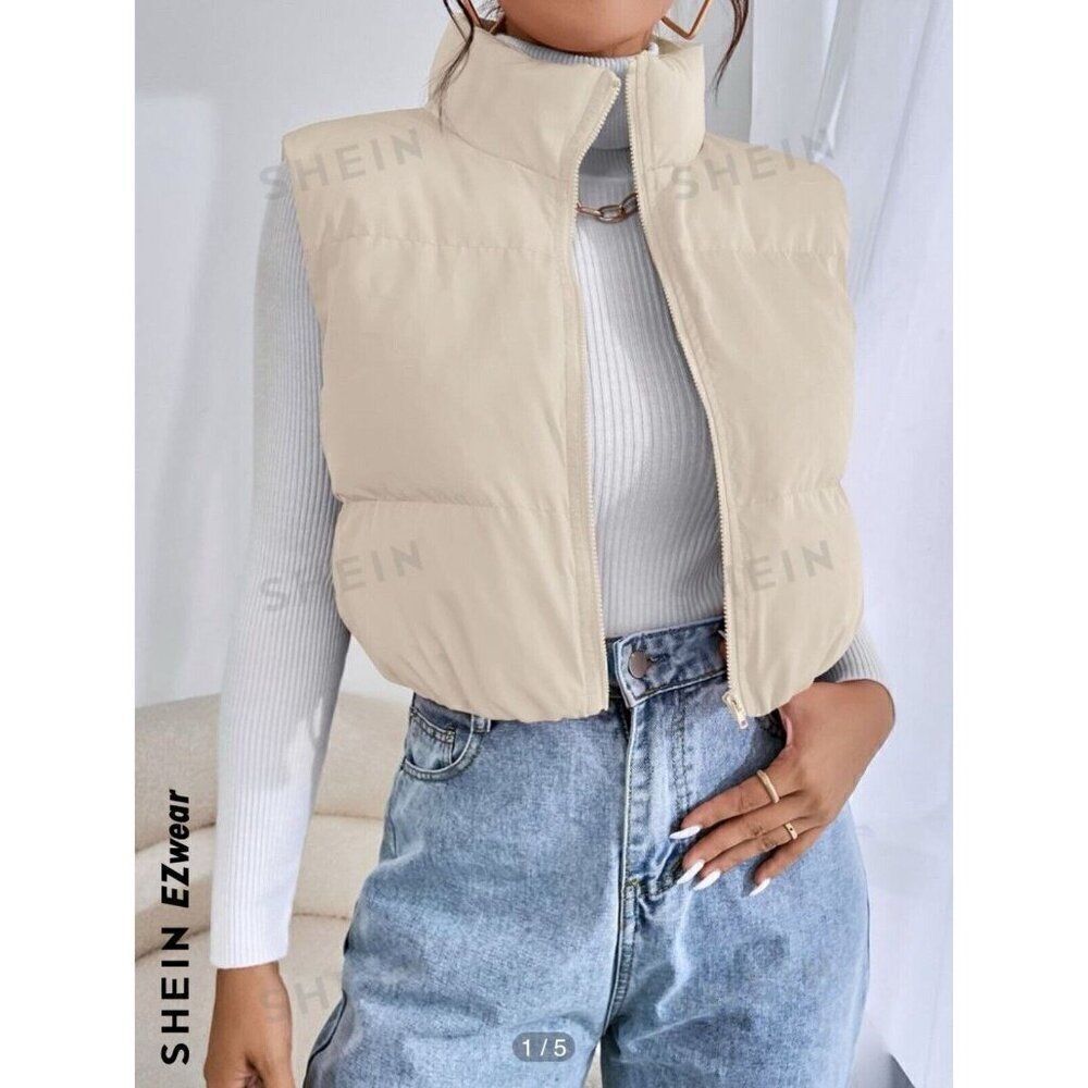 Shein Womens Solid Beige Nylon Zip Up Puffer Vest Jacket Medium